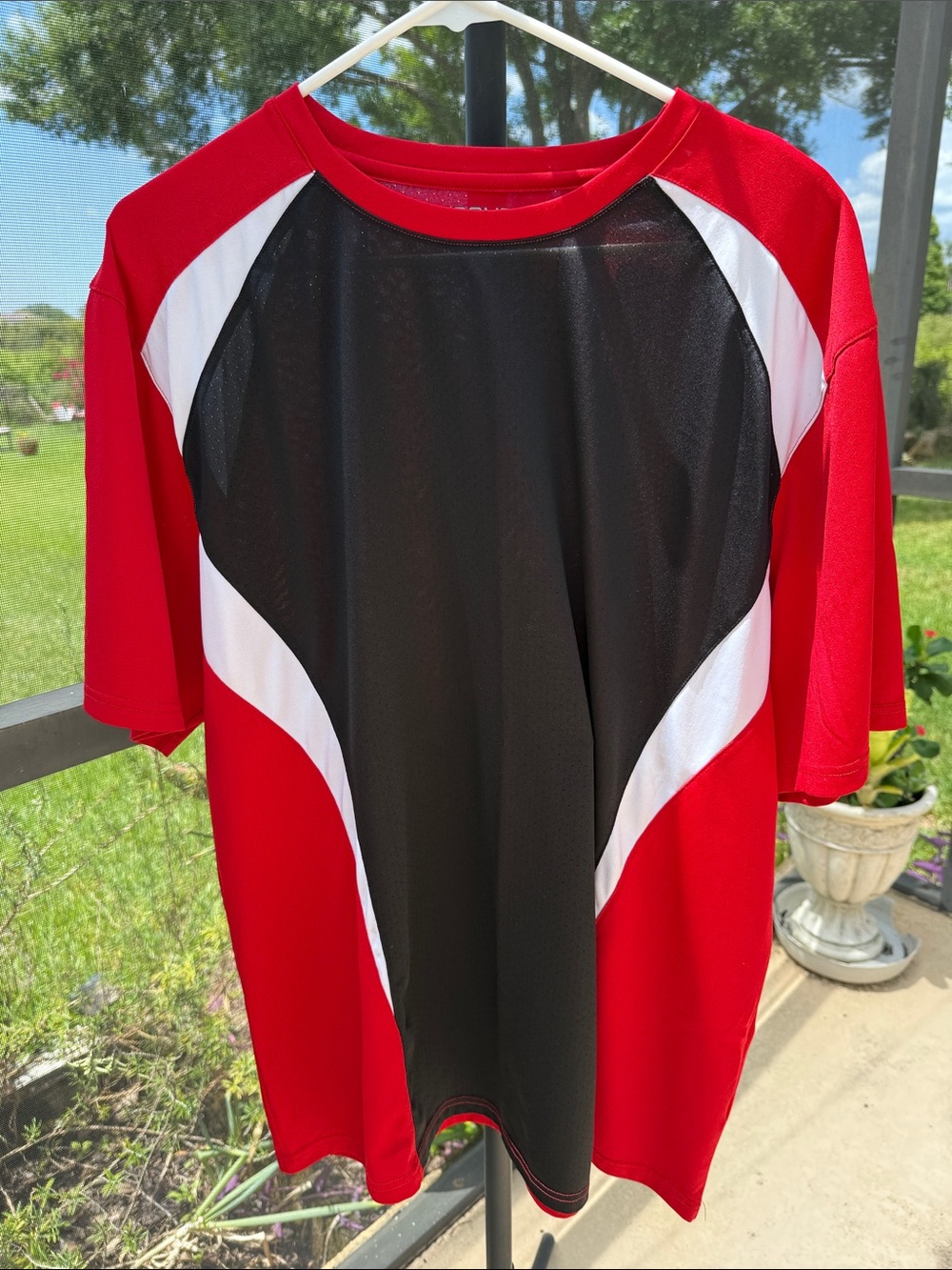 Men's Red & Black Short Sleeve Athletic Tee with White Accents